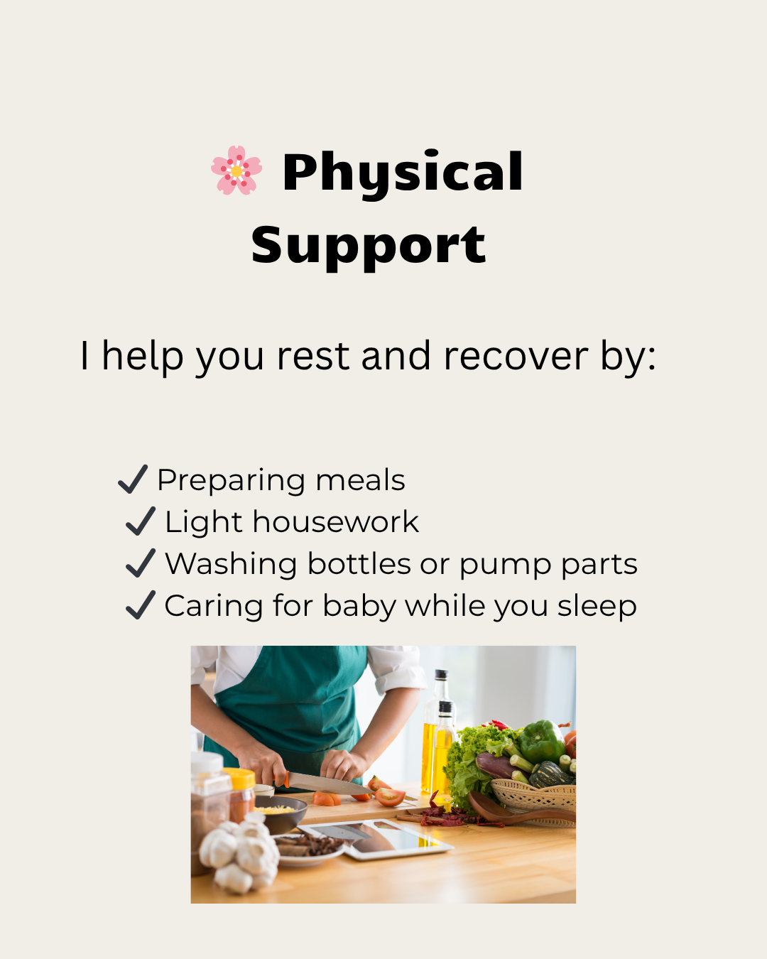 ad highlighing physcial support postpartum " I help you rest and recover by preparing meals, light housework, washing bottles and pump parts, caring for baby while you sleep" image of a woman cooking a nutritious meal 