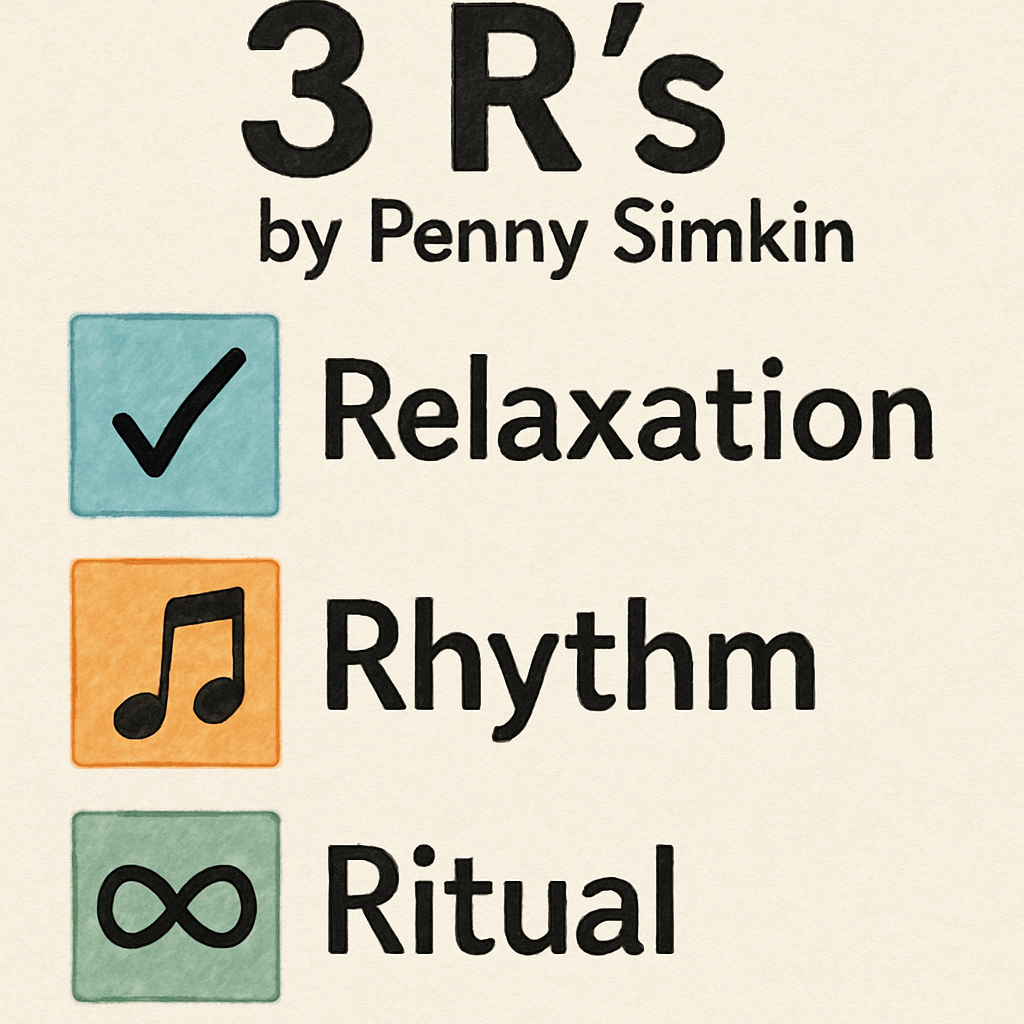 The 3 R's Penny Simkin Relaxation: Ways to release tension in your body to allow labor to progress more smoothly.  Rhythm: Using breathing, movement, or sound to create a flow and sense of control.  Rituals: Personal or partner-guided actions that create safety, focus, and meaning in labor.  These tools help you stay grounded, centered, and connected throughout your labor journey.
