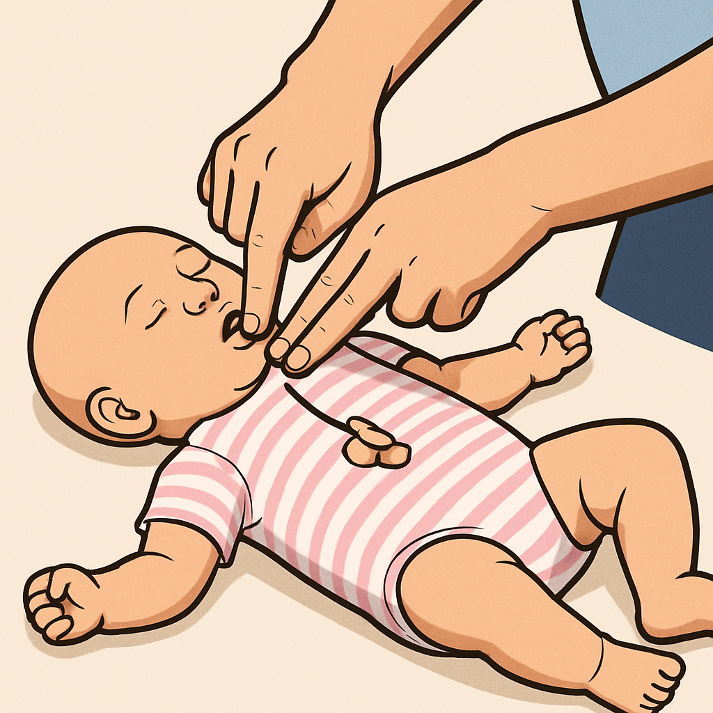 an image of a baby laying on its back while an adult stands over them performing chess compressions with his fingers 