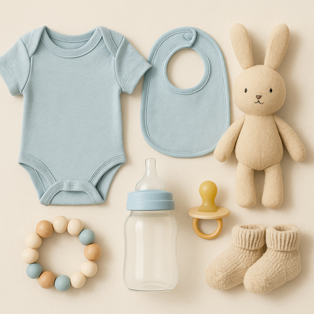 Image of several baby items with text saying must have baby items vs. nice-to-haves