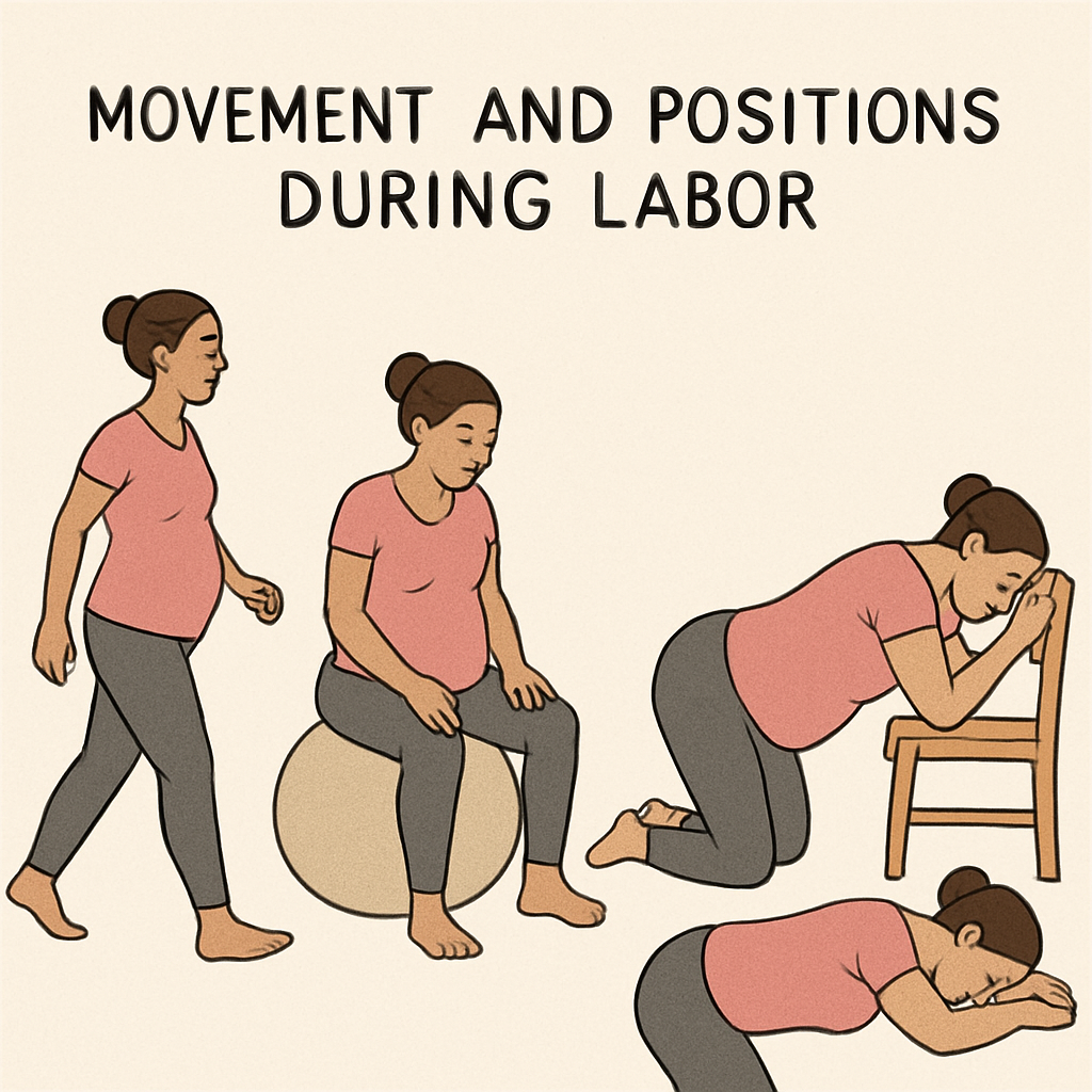 image of a pregnant mom moving during labor by walking, sitting on a birth ball, kneeling, and rocking on a ball