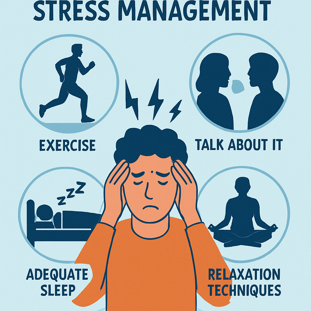 an image of a man holding his head with lightining bolts coming out of the top with pictures of stress management techniques: exercise, talk about it, adequate sleep, relaxation techniques 
