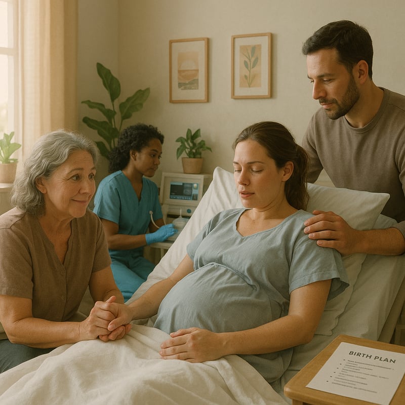 The image depicts a serene birthing room bathed in soft natural light In the foreground a doula a middleaged woman with warm compassionate eyes gently holds the hand of a laboring mother who appears both focused and relaxed The mother her hair tied b-1 The image depicts a serene birthing room bathed in soft natural light In the foreground a doula a middleaged woman with warm compassionate eyes gently holds the hand of a laboring mother who appears both focused and relaxed The mother her hair tied b-1