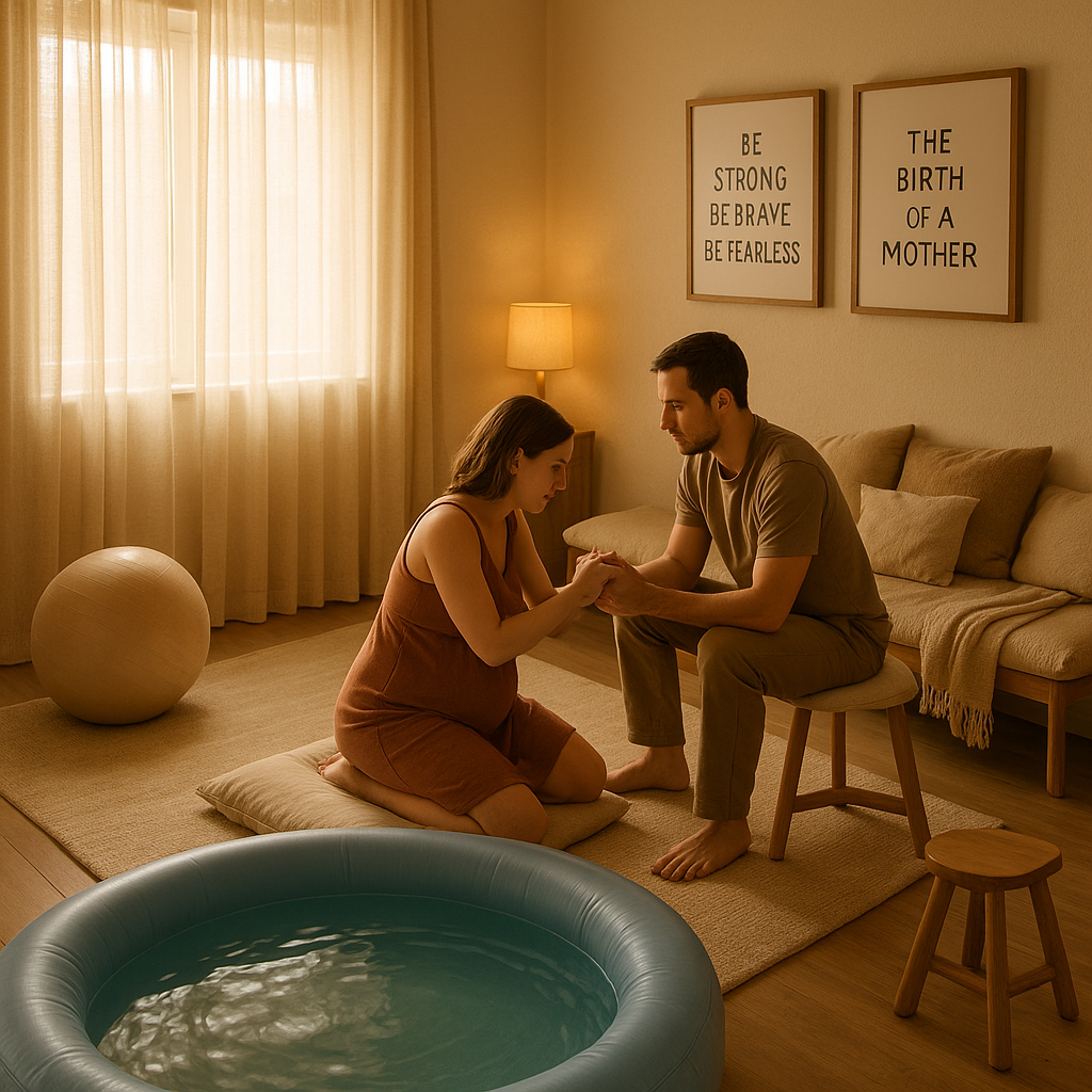 The image depicts a serene birthing room warmly lit with soft natural light filtering through sheer curtains In the center a birthing pool filled with clear inviting water reflects the gentle glow of the surroundings Next to the pool a birthing ball-1