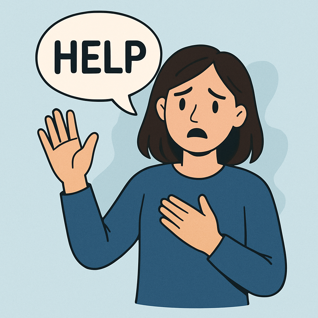 an image of a woman raising her hand with her hand on her heart with a thought bubble saying help