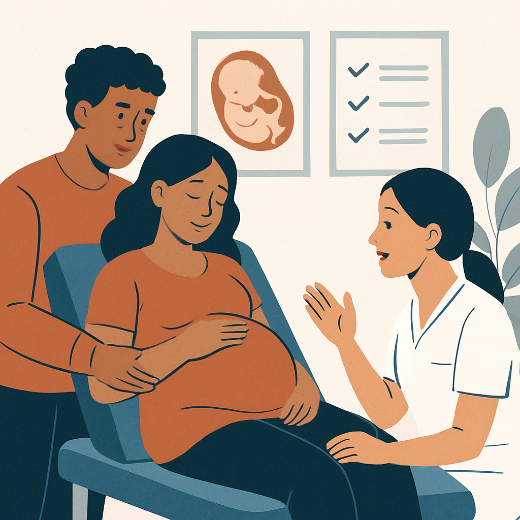 Image of a pregnant mom sitting on an exam table with her partner standing behind her talking to the doctor Image of a pregnant mom sitting on an exam table with her partner standing behind her talking to the doctor