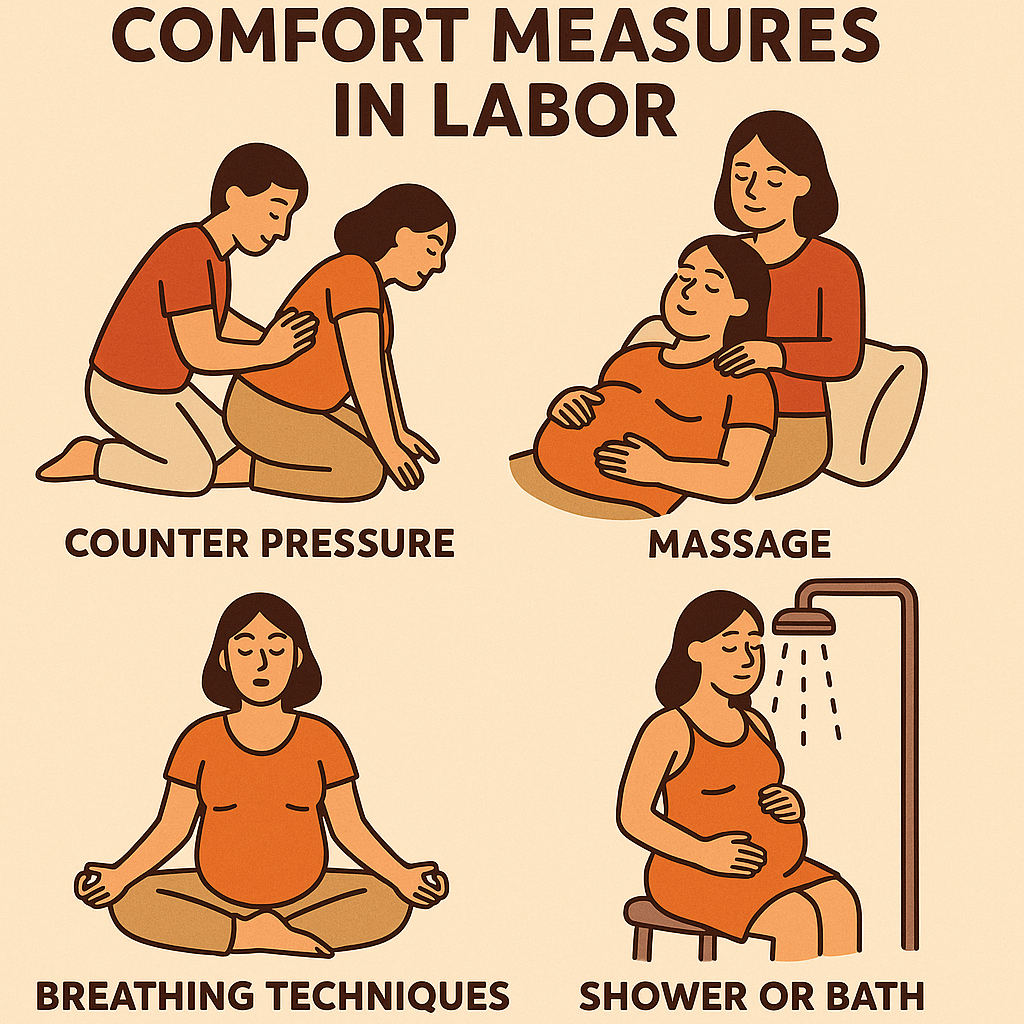 image of different comfort measures used in labor: counter pressure, massage, breathing techniques, and shower or bath