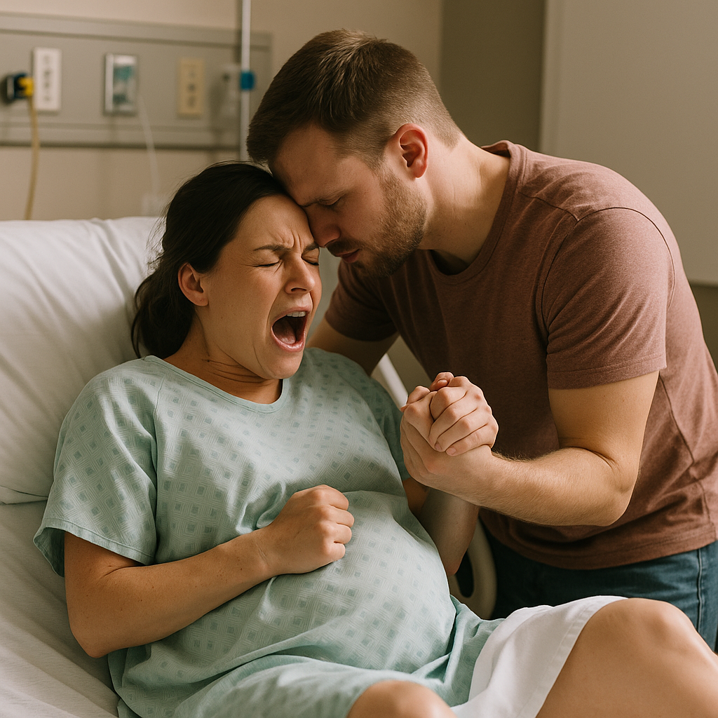 Dad leaning over touching his head against a mom who is screaming while in labor.  He is holding her hand and helping her through the pain of contractions 