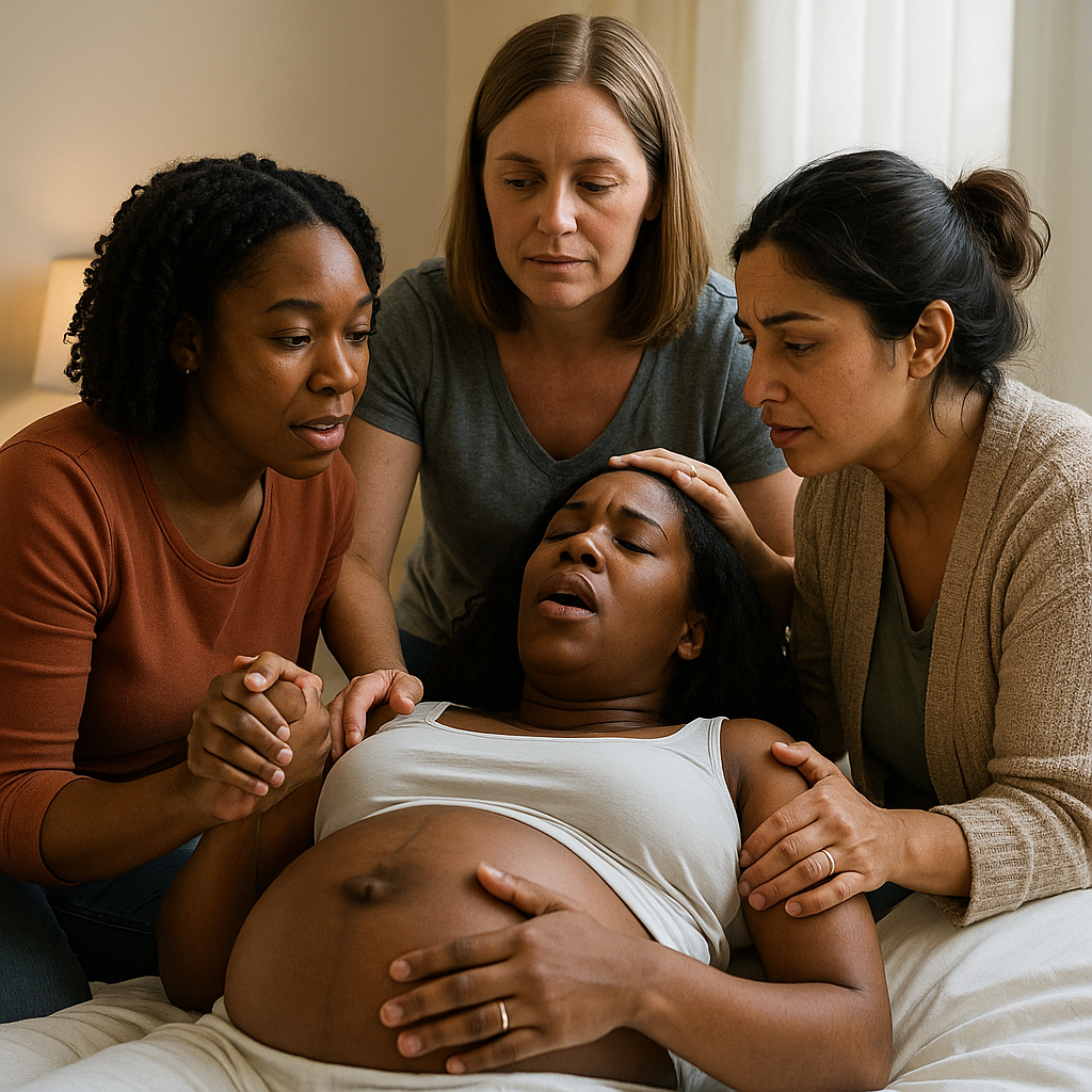 a mom laboring holding her pregnant belly surrounded by three women holding her hands and supporting her 