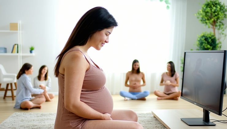 Expecting mother participating in a virtual childbirth class Expecting mother participating in a virtual childbirth class