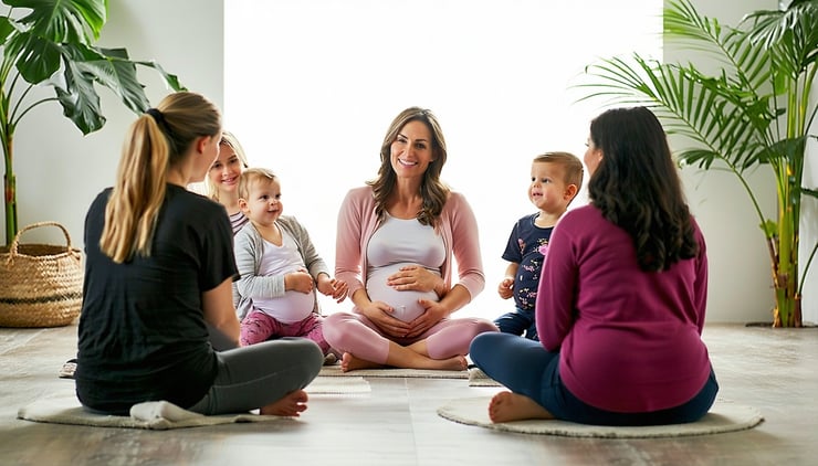 Supportive childbirth education class with mothers and instructor Supportive childbirth education class with mothers and instructor