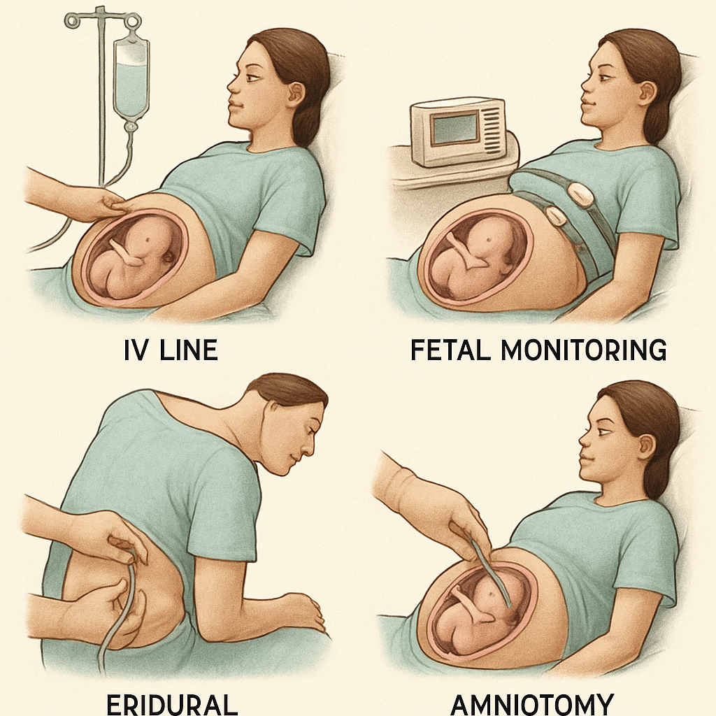 image depicting a pregnant woman with an IV line, fetal monitoring, epidural, and amniotomy caption reading Medical interventions and labor preparedness