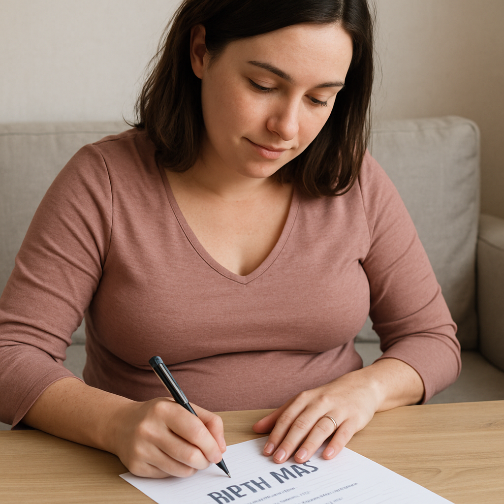 pregnant mom sitting in a chair and  writing out her birth plan 