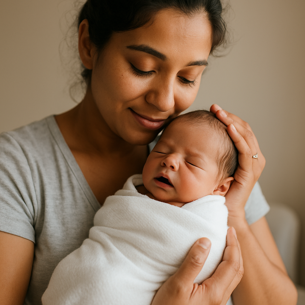 mom snuggling her baby close while he is sleeping swaddled in a white blanket