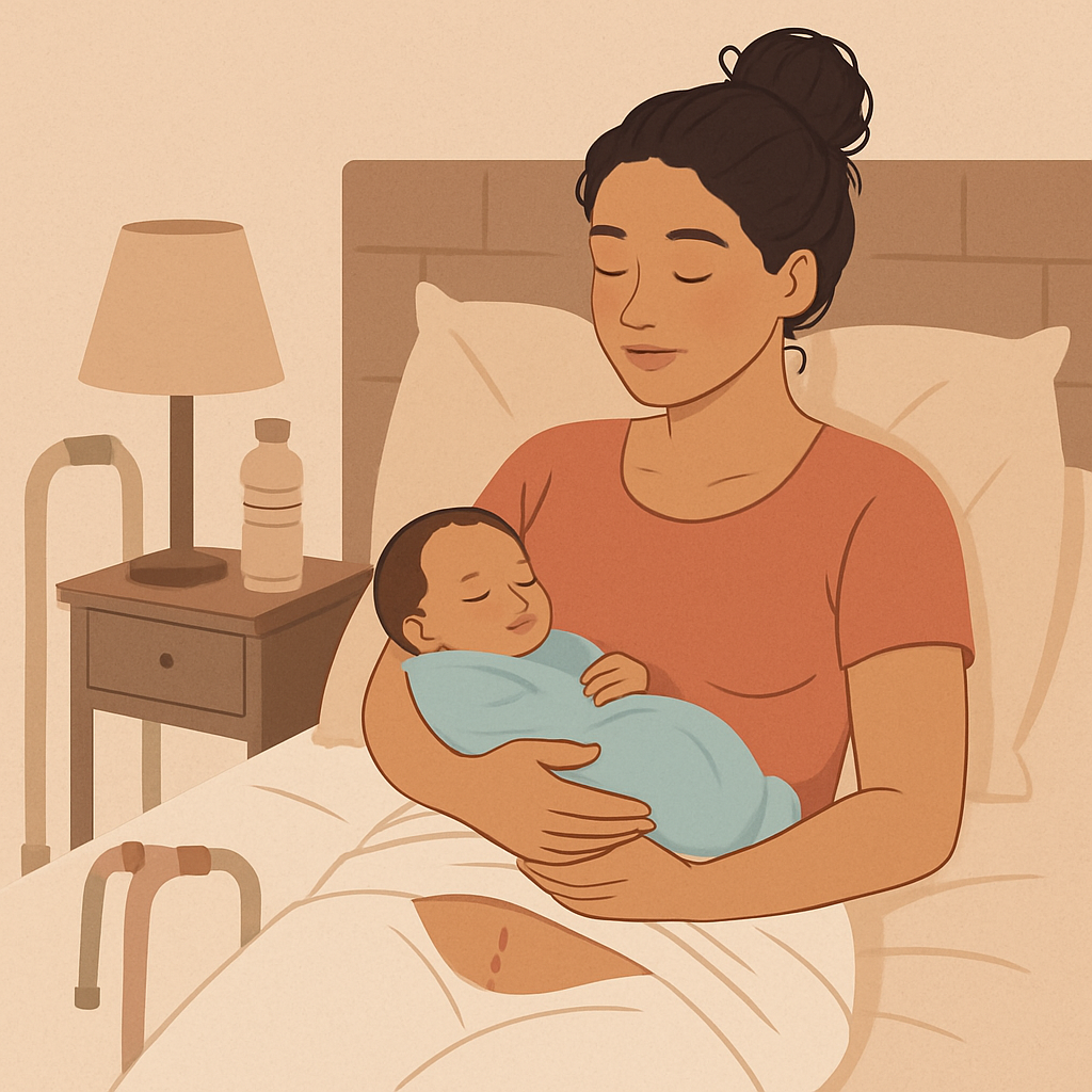 Image of a mom laying in bed holding her sleeping baby with her eyes closed 