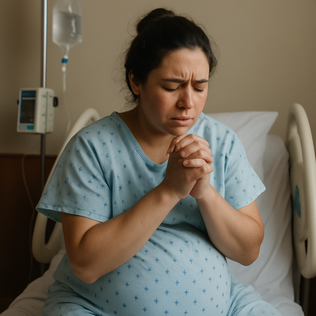 mom in labor with folded hands praying