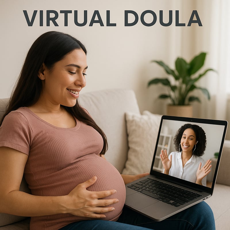 Pregnant mom sitting at her laptop with the words Virtual Doula at the top of the image Pregnant mom sitting at her laptop with the words Virtual Doula at the top of the image