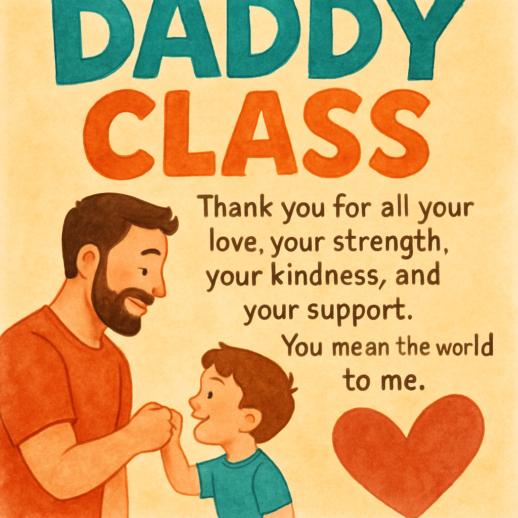 A Fathers Day card featuring bold playful lettering that reads DADDY CLASS prominently at the top Below the text there is a heartfelt message expressing gratitude and love for fathers The background is softly colored creating a warm and inviting atmo