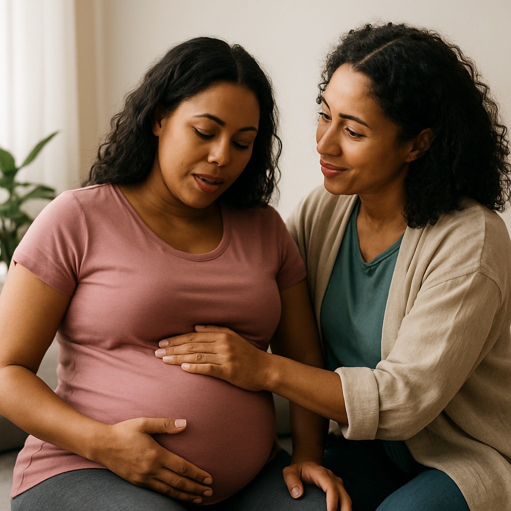 A caring doula supporting an expecting mother illustrating the personalized support offered throughout the pregnancy