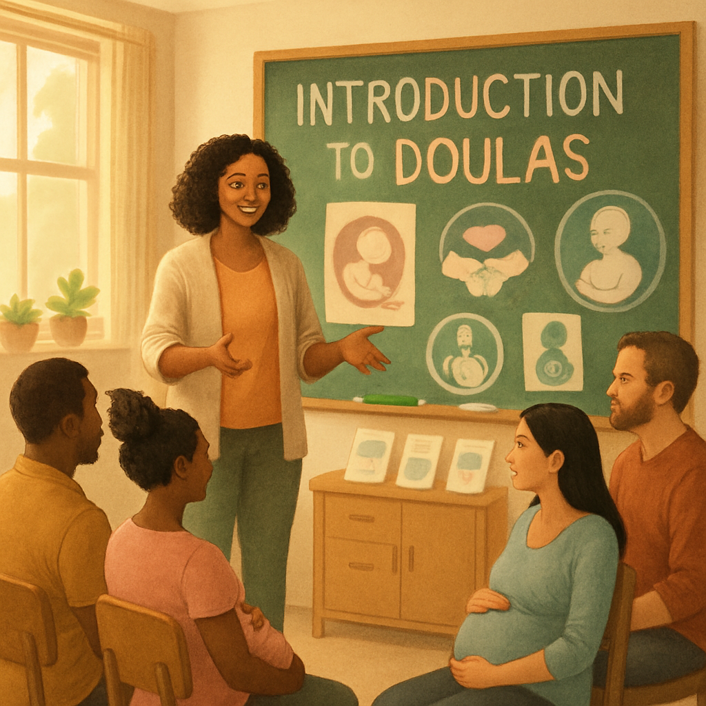 A serene and welcoming classroom setting with soft natural lighting In the foreground a diverse group of expectant parents sits in a circle engaged in discussion A warm compassionate doula stands at the center gesturing with a gentle smile surrounded