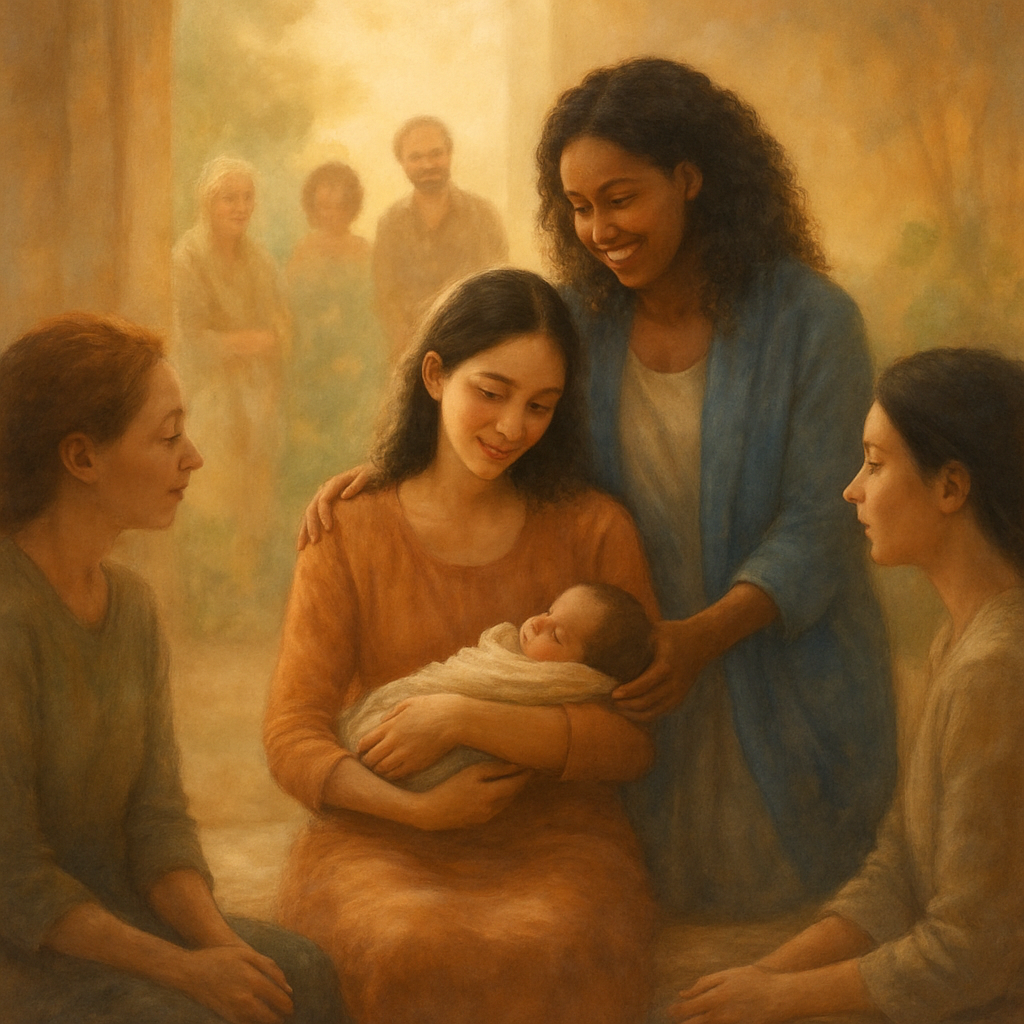 A serene depiction of a nurturing environment with soft lighting and a supportive community