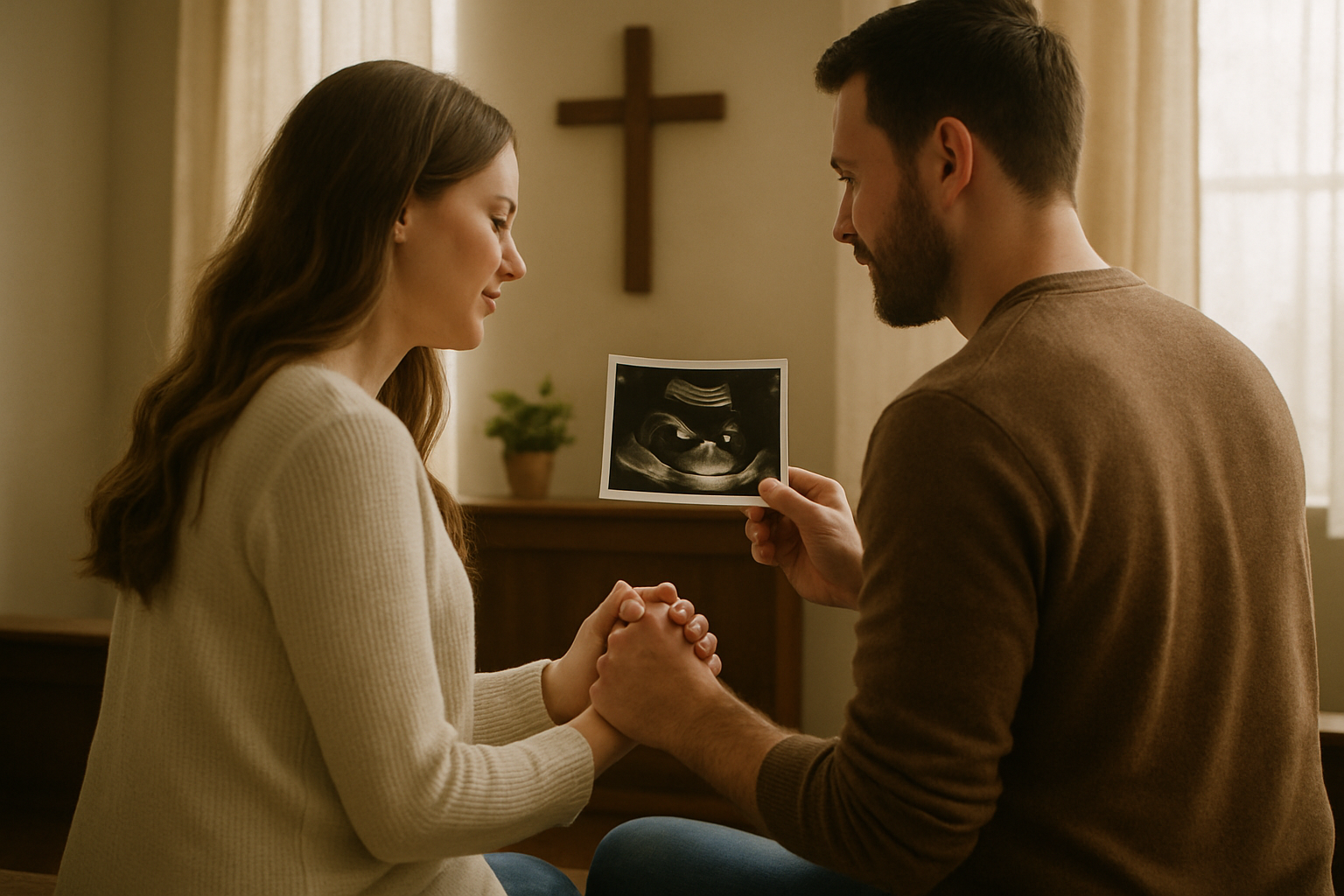 A serene image of a couple holding hands gazing at a sonogram image symbolizing a faithcentered journey to parenthood