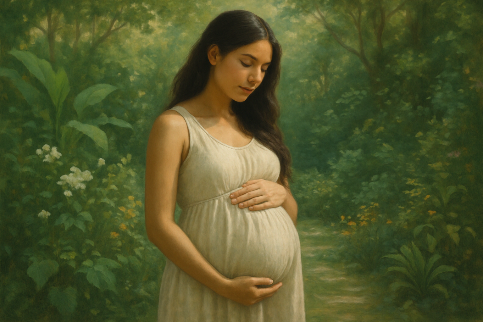 A serene image of a pregnant woman standing peacefully in a lush garden symbolizing tranquility and support during pregnancy