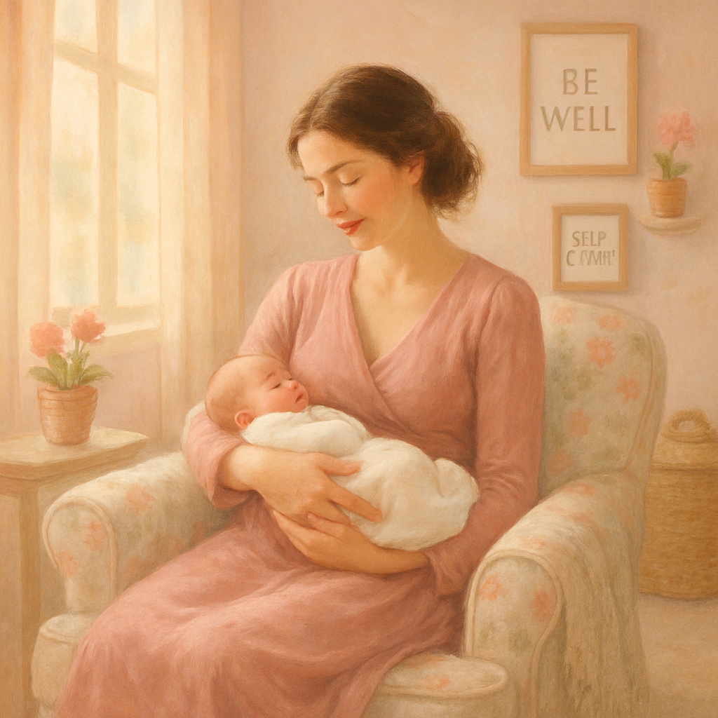 A serene nurturing scene of a mother cradling her newborn in a softly lit room filled with pastel colors The mother radiating warmth and grace is seated comfortably on a plush armchair adorned with floral patterns Surrounding her are delicate decorat