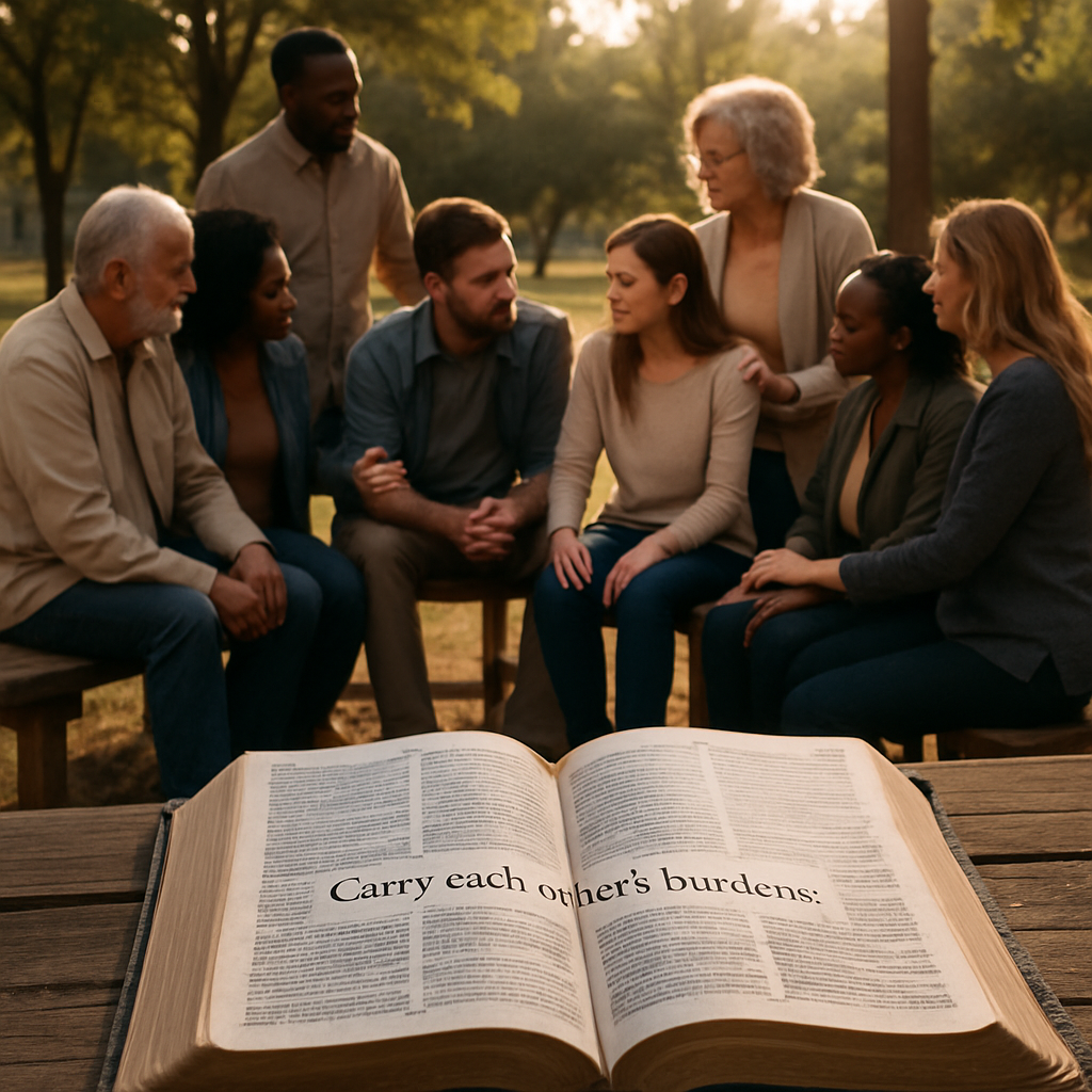 A serene outdoor scene featuring a diverse group of people gathered in a circle sharing supportive conversations Soft sunlight filters through the trees casting gentle shadows Some individuals are seated on benches while others stand all showing expr