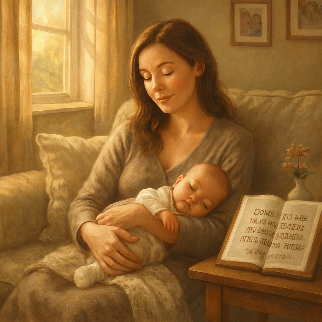 A serene scene depicting a mother sitting on a soft inviting couch in a cozy welllit living room She is gently cradling a sleeping baby in her arms her face reflecting peace and contentment Sunlight streams through a nearby window casting warm golden