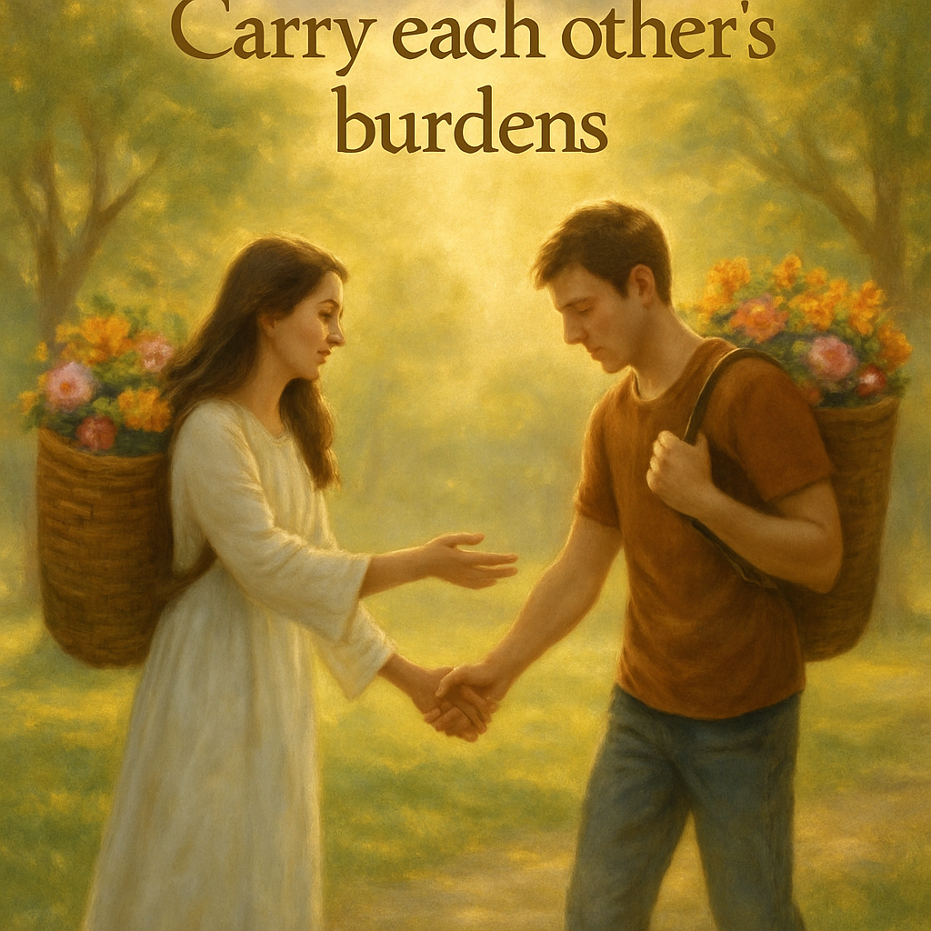 A serene scene depicting two individuals in a warm sunlit park each gently carrying a large symbolic burden represented by a woven basket filled with colorful flowers One person a woman with long brown hair wearing a flowing white dress is reaching o