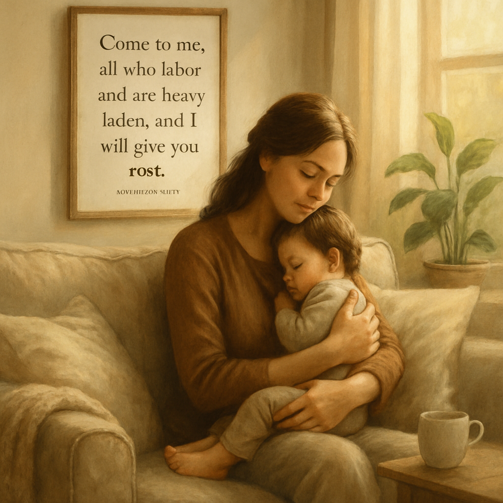 A serene scene featuring a mother sitting on a cozy sunlit couch cradling her child Soft cushions surround them and a warm blanket is draped over the arm of the couch A gentle glow fills the room from a nearby window illuminating a framed print of Ma