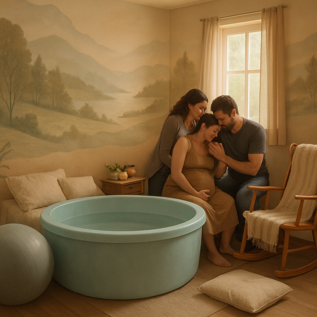 A serene softly lit birthing room with a large comfortable birthing pool at the center Surrounding the pool are various comfort measures a birthing ball soft pillows and a cozy blanket draped over a rocking chair On the walls are calming naturethemed