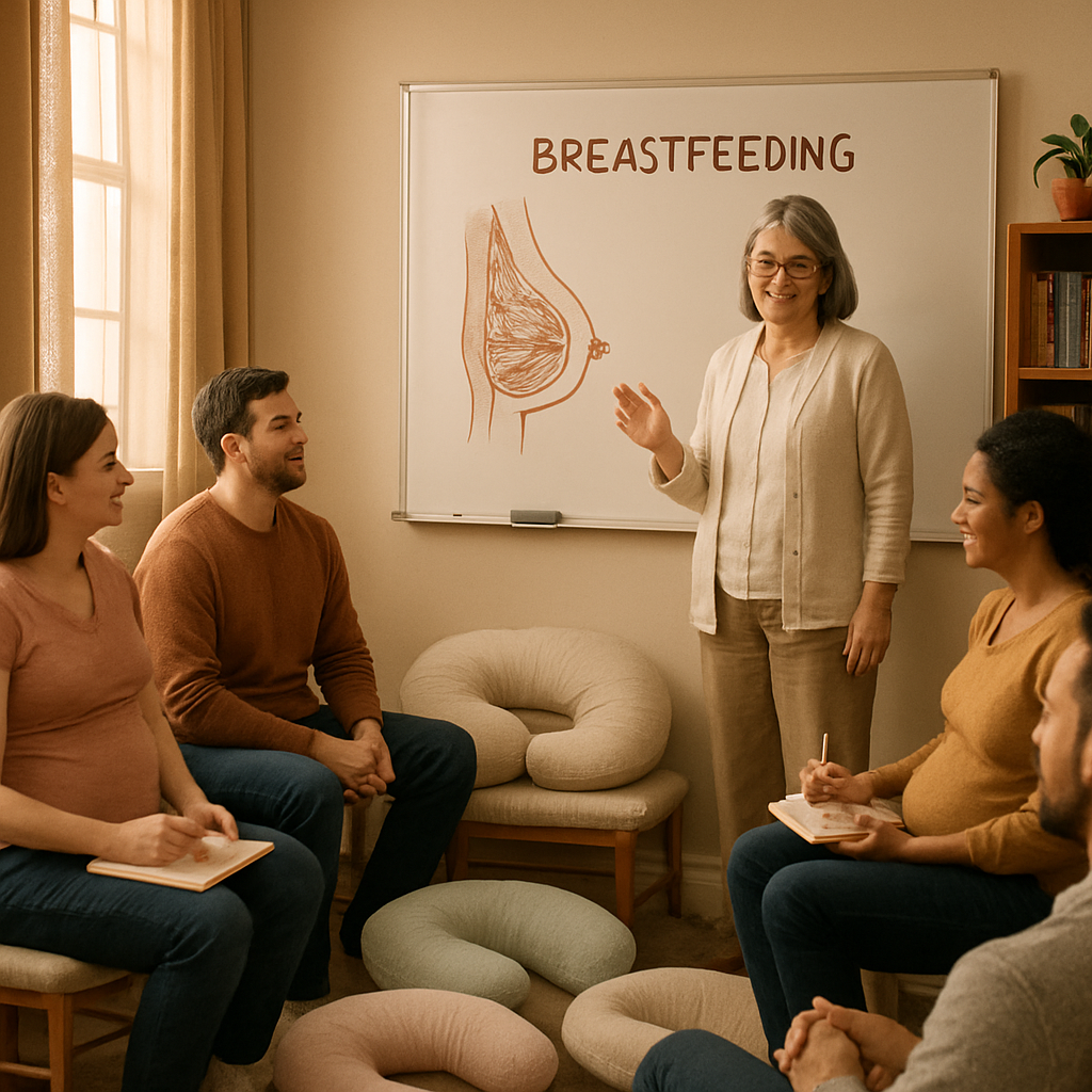 A serene warmly lit classroom setting filled with expectant parents and a knowledgeable instructor leading a breastfeeding workshop The instructor a middleaged woman with a gentle smile stands next to a whiteboard adorned with diagrams of the human a