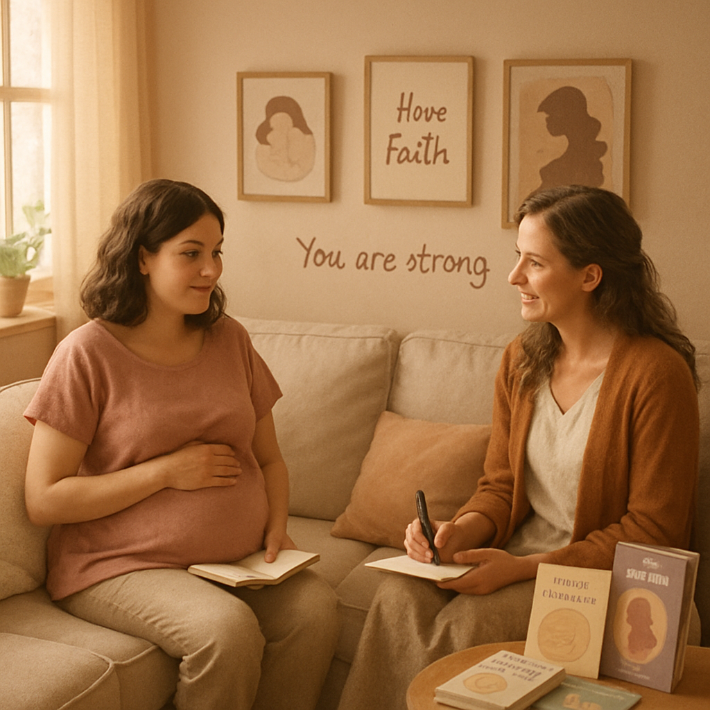 A serene warmly lit room with soft pastel colors featuring a comfortable seating area with plush cushions In one corner a pregnant woman sits with a peaceful expression holding a notebook and pen engaged in a consultation with a compassionate doula w