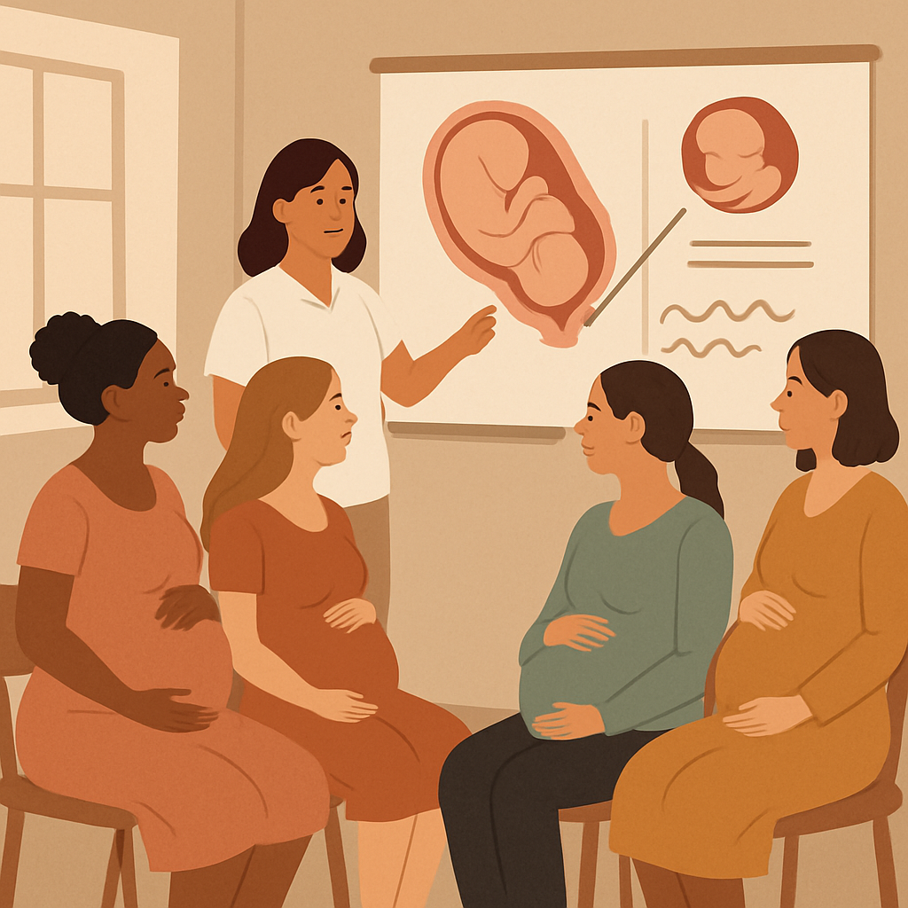 An educational setting with pregnant individuals learning about childbirth symbolizing informed and confident preparation