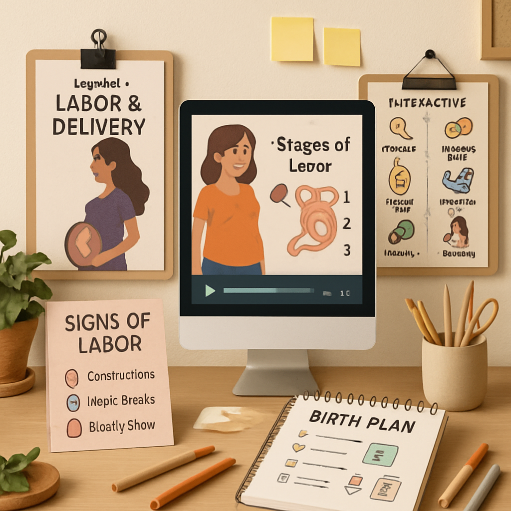 Creative workspace displaying educational modules videos and interactive materials on birth and labor