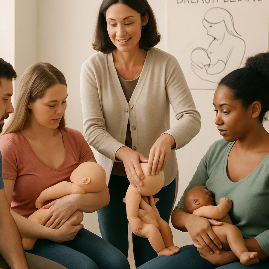 The image depicts a group of parents engaged in a handson learning session focused on breastfeeding techniques They are receiving guidance from a knowledgeable instructor who demonstrates proper positioning and latching methods The atmosphere is supp-1 The image depicts a group of parents engaged in a handson learning session focused on breastfeeding techniques They are receiving guidance from a knowledgeable instructor who demonstrates proper positioning and latching methods The atmosphere is supp-1