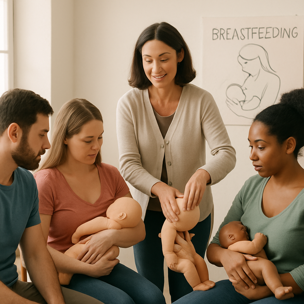 The image depicts a group of parents engaged in a handson learning session focused on breastfeeding techniques They are receiving guidance from a knowledgeable instructor who demonstrates proper positioning and latching methods  The image depicts a group of parents engaged in a handson learning session focused on breastfeeding techniques They are receiving guidance from a knowledgeable instructor who demonstrates proper positioning and latching methods