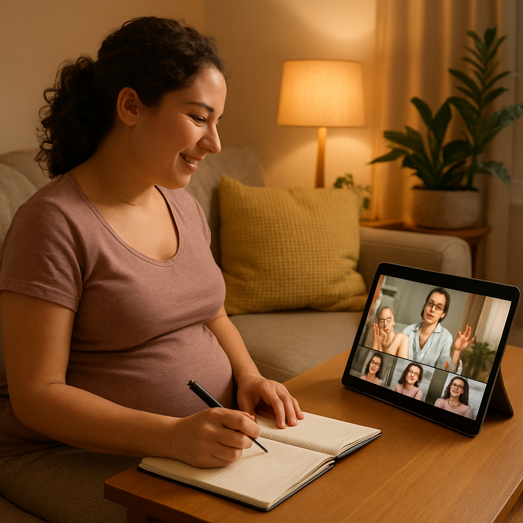 The scene depicts a woman participating in a virtual childbirth education class comfortably seated in her cozy living room She is attentively engaging with the online instructor and fellow participants surrounded by soft lighting and personal touches