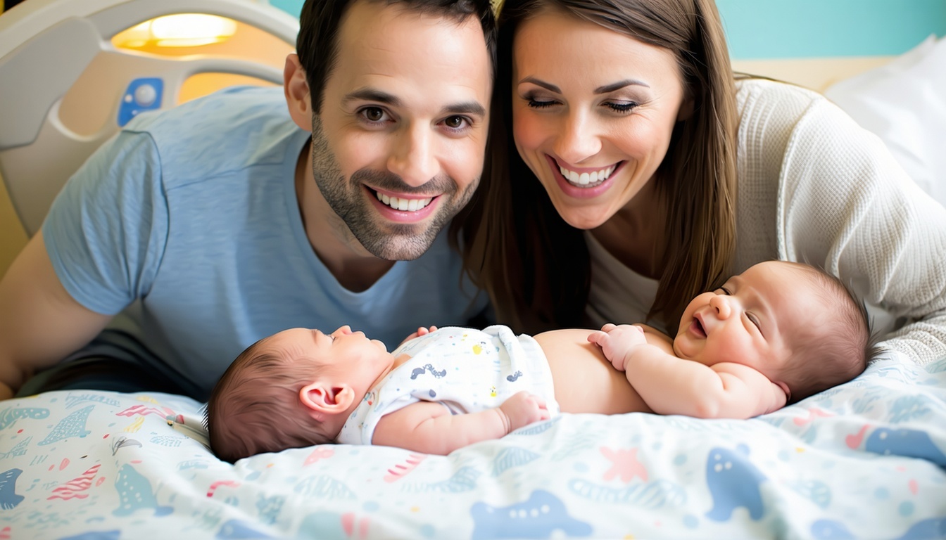 A joyful family gathered around a newborn in a hos A joyful family gathered around a newborn in a hos