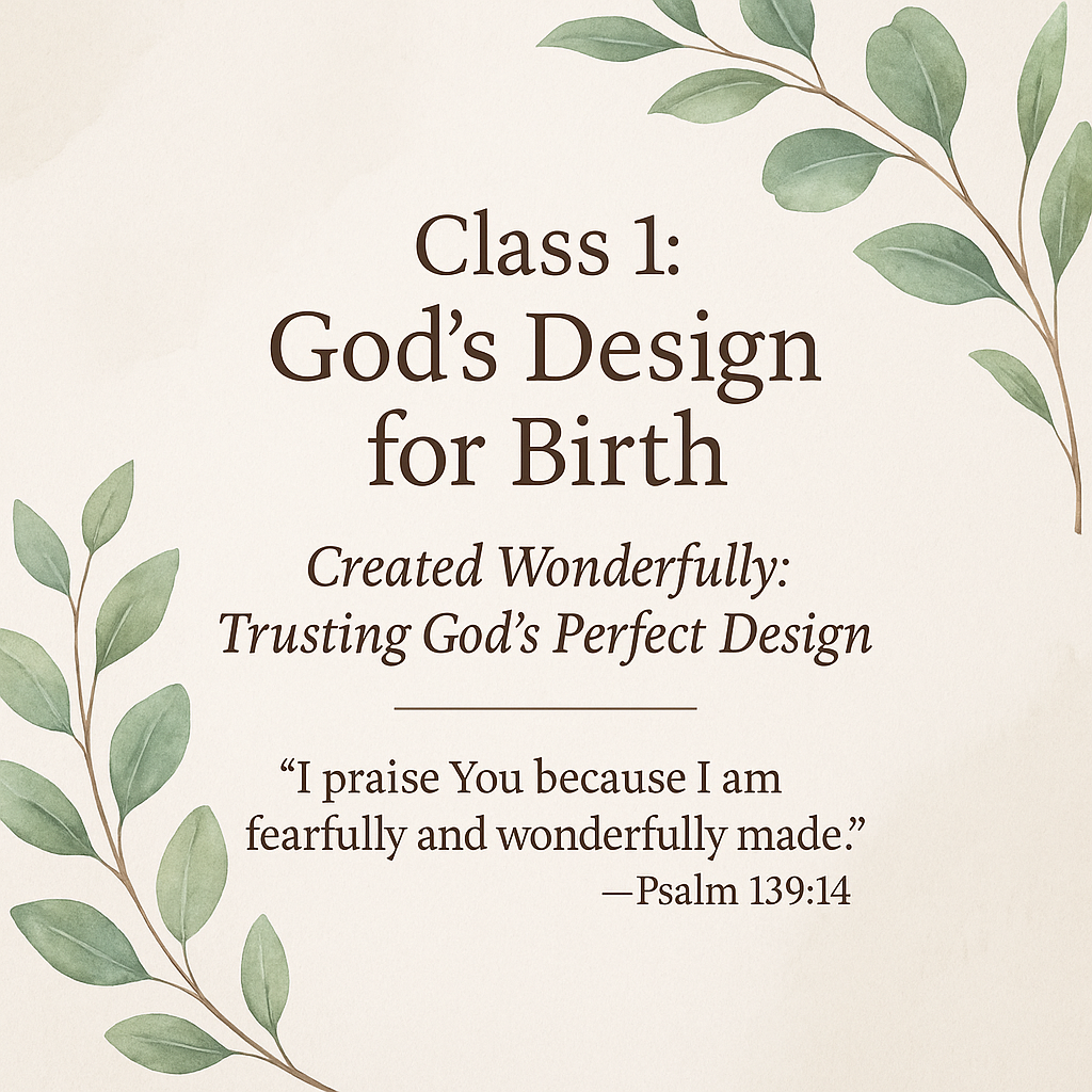 Ad for class 1 of 8:week Series reading Class 1: God's Design for Birth: Created Wonderfully Through God's Perfect Design.  With bible verse from Psalm 139:34 I Praise you because I am fearfully and wonderfully made 