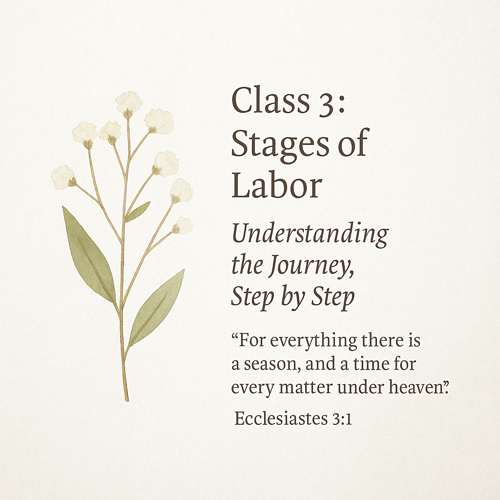 Ad for Class 3 of the 8-week Series reading Class 3 Stages of Labor Understanding the journey step by step.  Scripture verse from Ecclesiastes 3:1