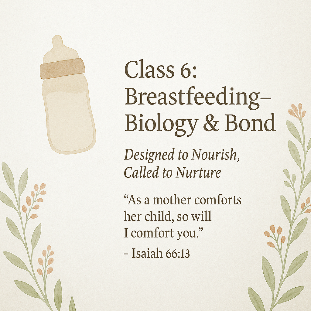 Ad for Class 6 of the 8-week Series reading Class 6: Breastfeeding-biology and Bond: Designed to Nourish, Called to Nurture and scripture verse from Isaiah 66:13