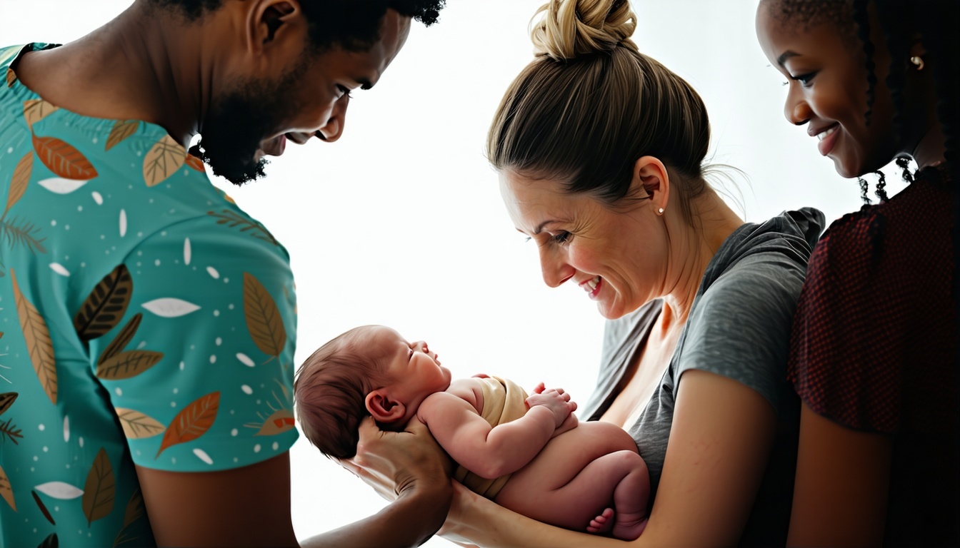Mother holding newborn, surrounded by supportive family and doula.