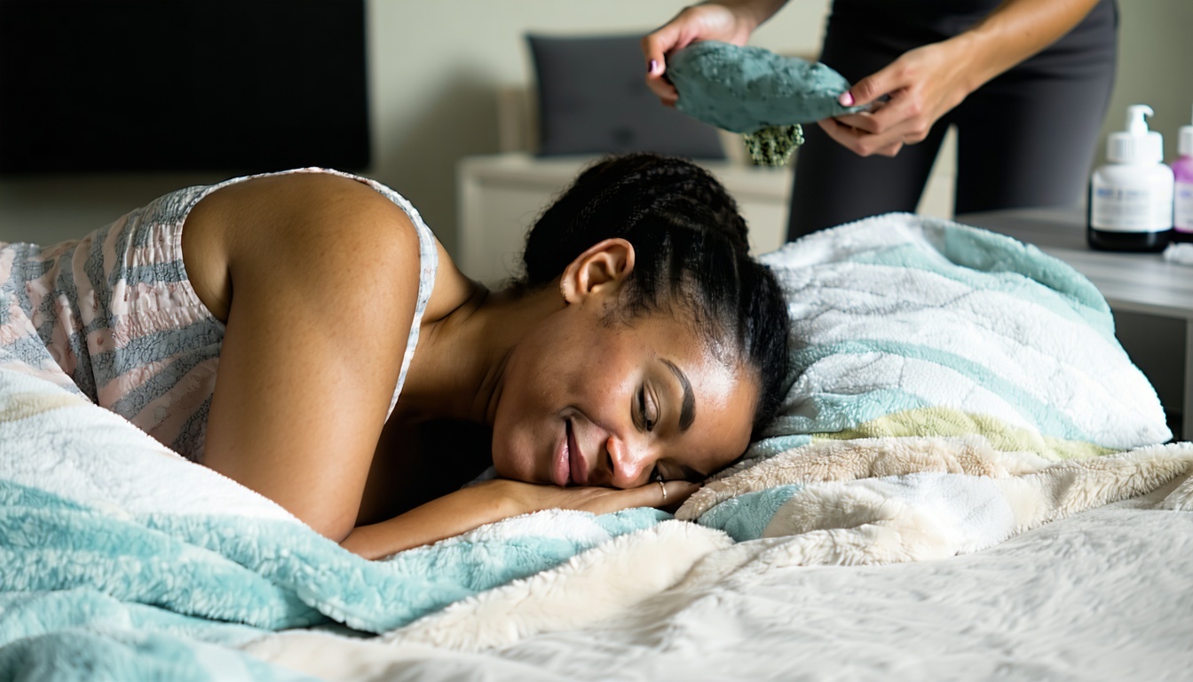 Mother resting peacefully while doula tidies up nearby