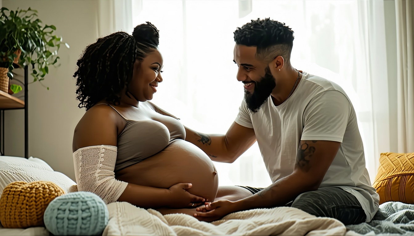 Doula and partner comforting expectant mother in a peaceful home setting.