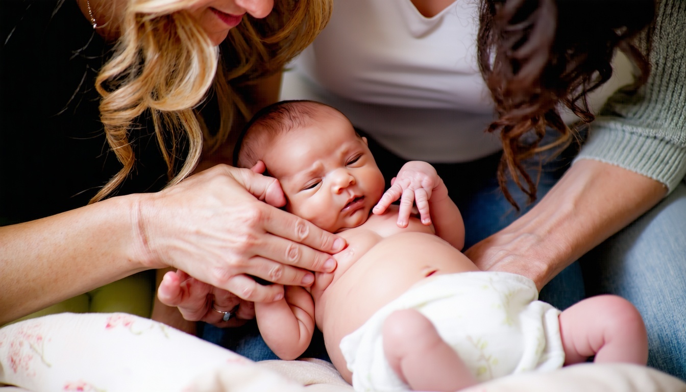 Family gathered around newborn with doula offering gentle guidance