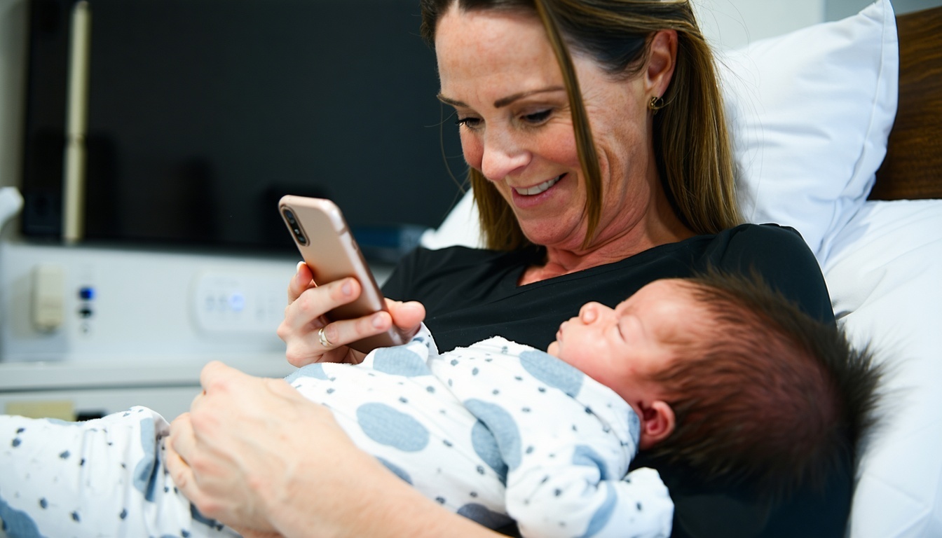 Mom texting with her birth support provider