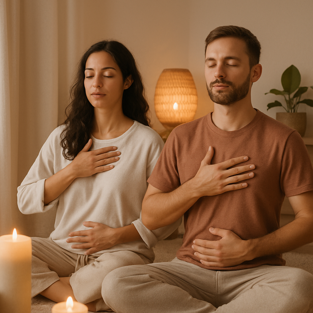 A peaceful scene of a couple practicing breathing techniques surrounded by soft lighting and calming decor A peaceful scene of a couple practicing breathing techniques surrounded by soft lighting and calming decor